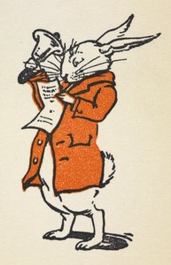 Illustration af den hvide kanin i en rød jakke, der ringer med en stor klokke og læser
