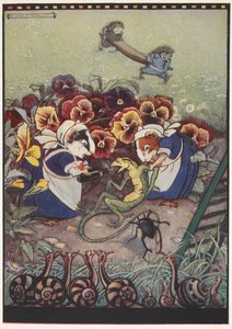 Illustration af to marsvin klædt i stuepigetøj, der passer på et firben, mens to pindsvin bærer en båre i baggrunden for at hjælpe det.