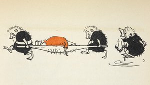 Illustration af to pindsvin, der bærer en skadet kroketspiller, og som følges af et andet grædende pindsvin.
