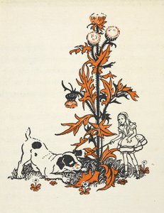 Skrumpe-Alice og hvalpen ved en kæmpestor tidsel. af Gwynedd M. Hudson