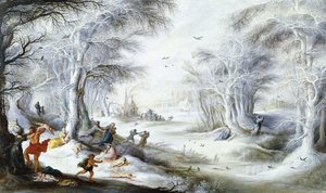 Et vinterlandskab med massakren på de uskyldige
