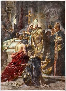 Sankt Stefans dåb (c970-1038), hellig og første konge af Ungarn - døbt af helgen Adalbert af Prag Efter et værk af Gyula Benczur - Den ungarske prins Vajk bliver døbt af den hellige Adalbert af Prag og tager navnet Stefan (St. Stephen I Ki
