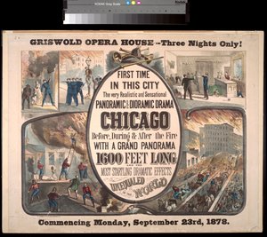 Annonce for et panoramisk og dioramisk drama om Chicago-branden i 1871 i Griswold Opera House, 1878