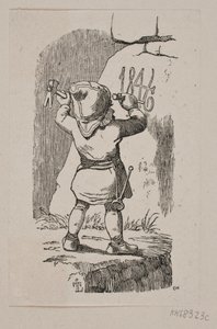En nisse indhugger årstallet 1846 i en klippe af H. C. Henneberg
