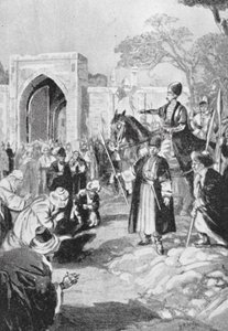 Bokhara åbner sin port for den mongolske Ogodai Khan, AD 1231 (litografi) af H. M. (after) Burton