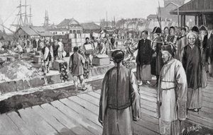 Kommissær Lin ødelægger tusindvis af kister med opium (litografi)