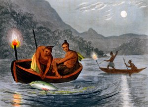 Indfødte amerikanere fisker ved fakkel i Nordamerika, 1813