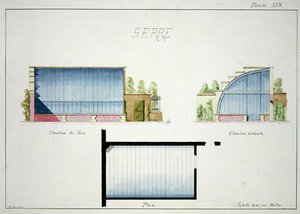 Design til et drivhus med buede glasvægge og tag, fra en folio af originale tegninger i klassisk og tidlig Belle-Epoque stil, ca. 1870 (pen & blæk på papir)