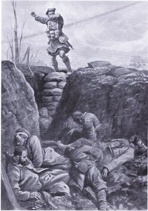 Menig Brown (Gordon Highlander) bomber fjenden i en tysk skyttegrav fra toppen af en barrikade. (litho)
