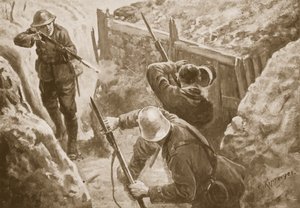 Menig J. Hutchinson skyder to tyske vagtposter, da han leder et angreb på en tysk skyttegrav af H. Ripperger