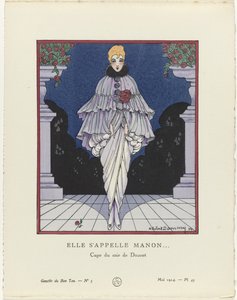 Gazette du Bon Ton, 1914 - nr. 5, pl. 45: Hendes navn er Manon (...) / Aftenkappe af Doucet (titel på objektet) af H. Robert Dammy