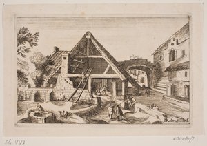 Byinteriør med lade og Jesu fødsel af H. Rosenkilde