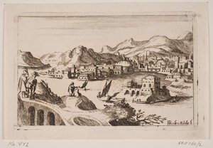 Kuperet kystlandskab med orientalske bygninger af H. Rosenkilde