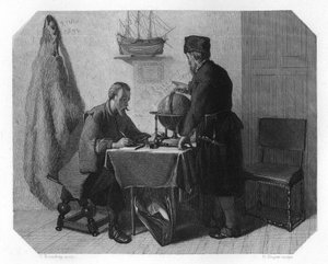 Willem Barents og Jacob van Heemskerk kortlægger deres rute, 1596 c1870