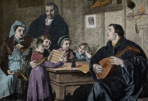 Martin Luther (1483-1546) midt i sin familie (stik efter H Stelzner) af H. Stelzner