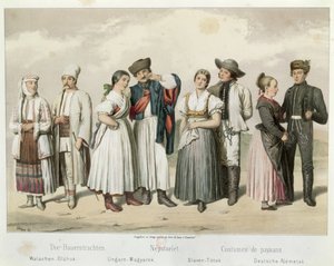 Bøndernes dragter fra (fra venstre mod højre) Rumænien, Ungarn, Slovakiet og Tyskland, fra "Esquisses de la Vie Populaire en Hongroie" af Gabriel de Pronay, 1855 af H. Veber
