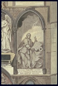 West Side of Poets Corner, plade 25 fra Westminster Abbey, detalje af begravelsesmonumentet for George Frederick Handel 1685-1759, indgraveret af J. Bluck fl.1791-1831 pub. af Rudolph Ackermann 1764-1834 1 af H. Villiers