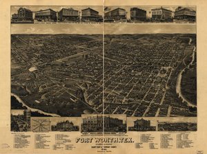Perspektivkort ikke tegnet i målestok. Fugleperspektiv. LC Panoramic maps (2. udgave), 910 Også tilgængelig via Library of Congress-webstedet som et rasterbillede. Indeholder illustrationer, indeks til interessepunkter og kort over Fort Worth jernbanefacil af H. Wellge