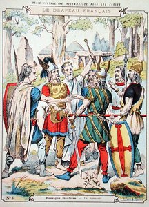 Galliske krigere, der sværger en ed, fra et beskyttende ærme til skolebøger, slutningen af det 19. århundrede (farve litho) af H. and Louis R. Feist