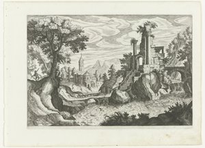 Landskab med en flod og ruin af H. van Schuppen