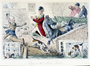 Kamp mellem en landmand og en jæger. Engelsk karikatur på rævejagten fra "thomas Scotts eller Hawbuck Granges eventyr", illustration af H.K. Browne og W.T. Maud. af Hablot Knight Browne