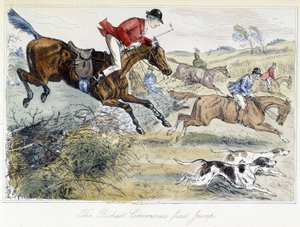 Jagtscene, engelsk tegneserie om rævejagt, taget fra Thomas Scotts "" eventyr, eller Hawbuck Grange", illustration af H.K. Browne og W.T. Maud. af Hablot Knight Browne
