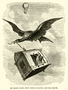En ørn flyver væk med Gulliver og hans hus (gravering) af after Hablot Knight Browne