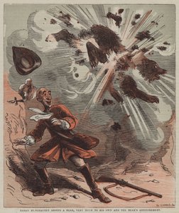Baron Munchausen skyder en bjørn, meget til hans egen og bjørnens forbløffelse (farve litho)