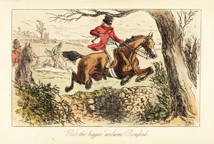 Engelsk jæger laver et farligt spring over en stenmur under en lav gren af after Hablot Knight Browne