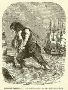 Gulliver bortfører den fjendtlige flåde af Blefuscudians (gravering) af after Hablot Knight Browne