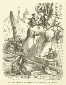 Gulliver udstiller sine skatte til hoffet i Lilliput (gravering) af after Hablot Knight Browne