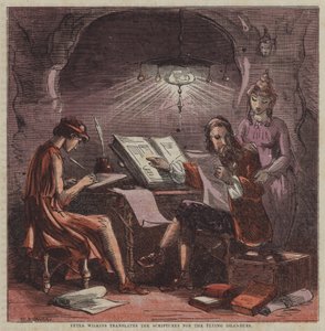 Peter Wilkins oversætter skrifterne for Flying Islanders (farve litho) af after Hablot Knight Browne
