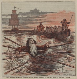 Peter Wilkins, der rejser fra Flying Island, bliver samlet op ud for Kap Horn af skibet "Hector" (farve litho) af after Hablot Knight Browne