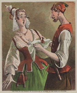 Konen til bonden i Brobdingnag er forskrækket ved synet af Gulliver (farve litho)