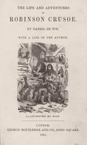 Titelside til The Life and Adventures of Robinson Crusoe (farvet gravering) af after Hablot Knight Browne