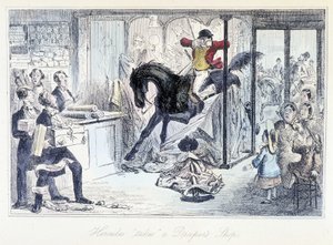 Hestejæger kommer ved et uheld ind i en stofbutik. Engelsk tegneserie om jagt tager fra "" eventyr af Thomas Scott eller Hawbuck Grange"" illustration af H.K. Browne og W.T. Maud. af Hablot Knight Browne
