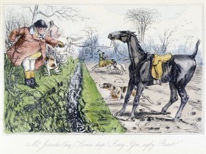 Hestejagtscene. Engelsk tegneserie om rævejagt fra Thomas Scotts eller Hawbuck Granges "" eventyr", illustration af H.K. Browne og W.T. Maud. af Hablot Knight Browne