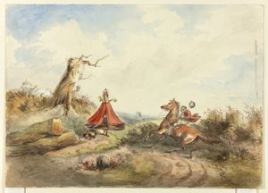 Hest med rytter, der viger væk fra kvinde med hund af Hablot Knight Browne