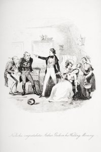 Nicholas lykønsker Arthur Gride med hans bryllupsmorgen, illustration fra `Nicholas Nickleby