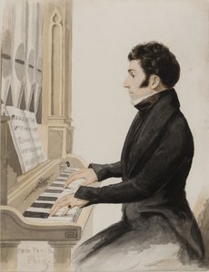 Tom Pinch spiller på Salisbury orgel (wc på papir) af Hablot Knight Browne