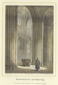 Winchester Cathedral, udsigt over skibet, der viser fronten og Wykehams Monument af Hablot Knight Browne