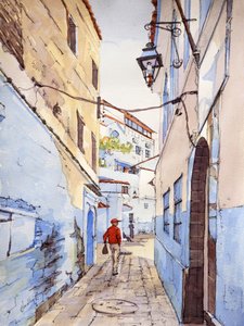 En besøgende, Chefchaouen, Marokko, ca. 2024 (akvarel og blæk)