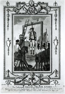 Den uheldige død af major Andre, generaladjudant for den engelske hær, i hovedkvarteret i New York, 2. oktober 1780, indgraveret af John Goldar (1729-1795) af Hamilton