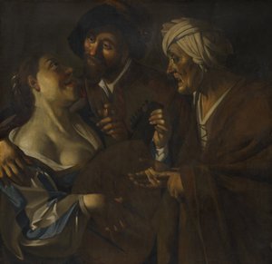 Procuress, forfalskning efter Dirck van Baburen (ca. 1595-1624), ca. 1930-45 (olie på lærred)