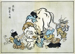 Blinde munke undersøger en elefant (tryk)