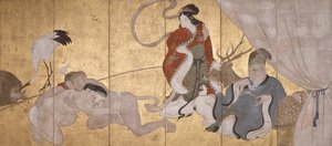 Seven Gods Of Good Fortune (blæk, farve og bladguld på papir, seksdobbelt skærm) af Hanabusa Itcho