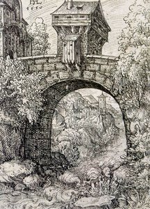 Landskab med broport og vand, ca. 1550 (radering)