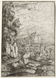 Landskab med en vej til et slot på en ø i en flod, 1554.