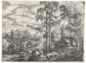 Landskab med byen ved en flod og hytten mellem træer, 1551.