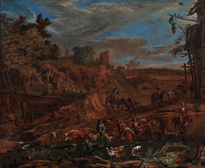 Efterårslandskab med vadested og kvægdrev af Hans (Johann Baptist) Graf